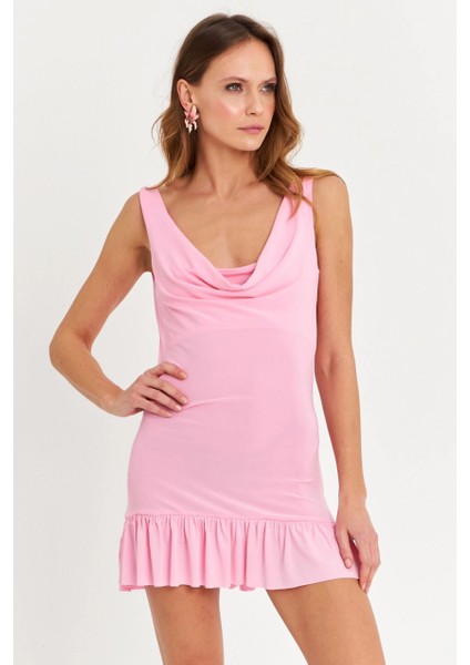 Kadın Pembe Degaje Yaka Mini Elbise HOR0078