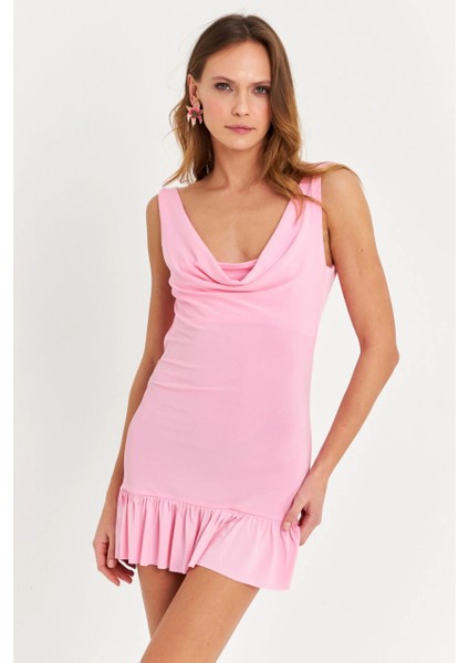 Kadın Pembe Degaje Yaka Mini Elbise HOR0078