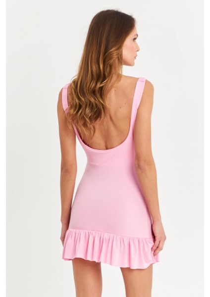 Kadın Pembe Degaje Yaka Mini Elbise HOR0078