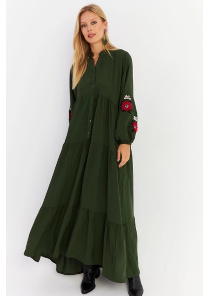 Kadın Haki Volanlı Maxi Elbise Malo9