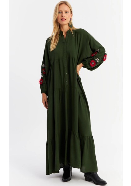 Kadın Haki Volanlı Maxi Elbise Malo9 fırsatları