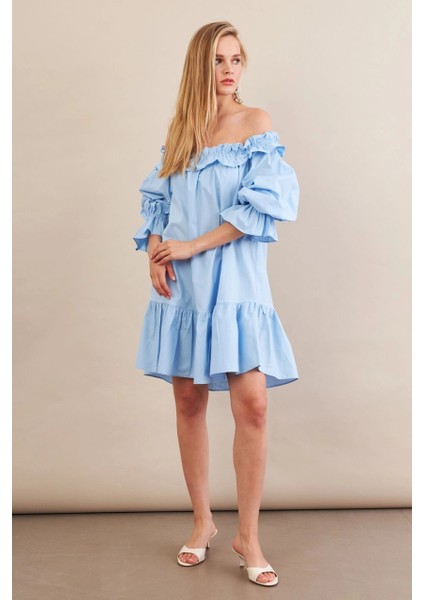 Kadın Mavi Madonna Yaka Midi Elbise PSG1012