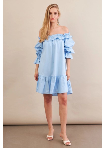 Kadın Mavi Madonna Yaka Midi Elbise PSG1012 fiyatları