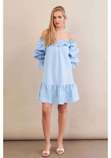 Kadın Mavi Madonna Yaka Midi Elbise PSG1012 modelleri