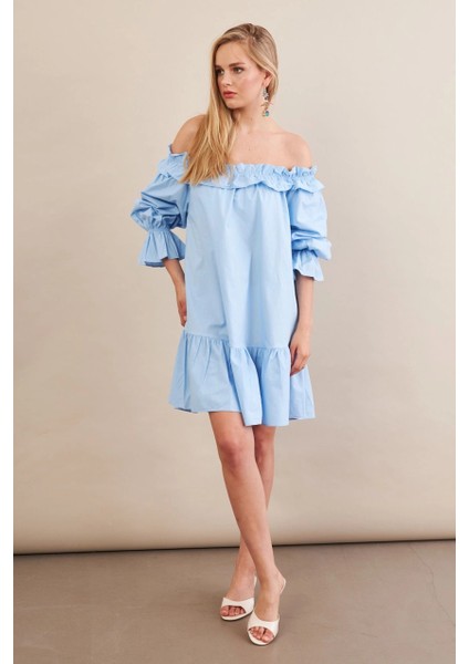 Kadın Mavi Madonna Yaka Midi Elbise PSG1012 fırsatları