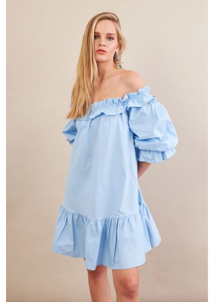 Kadın Mavi Madonna Yaka Midi Elbise PSG1012 indirimleri