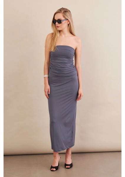 Kadın Indigo Straplez Büzgülü Midi Elbise MX2005