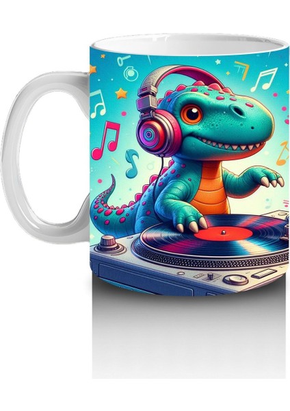 Çocuklara Sütü Sevdiren Dj Dinozor ve Müzik Dolu Parti Desenli Kupa Bardak
