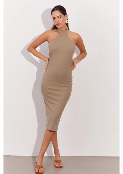 Kadın Haki Sırtı Açık Halter Midi Elbise OW138