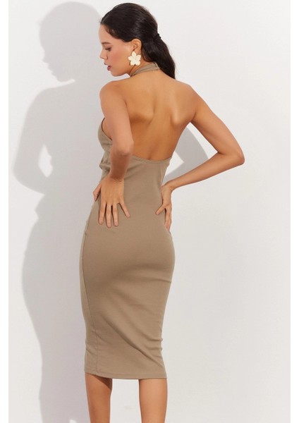 Kadın Haki Sırtı Açık Halter Midi Elbise OW138