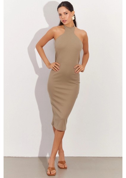 Kadın Haki Sırtı Açık Halter Midi Elbise OW138
