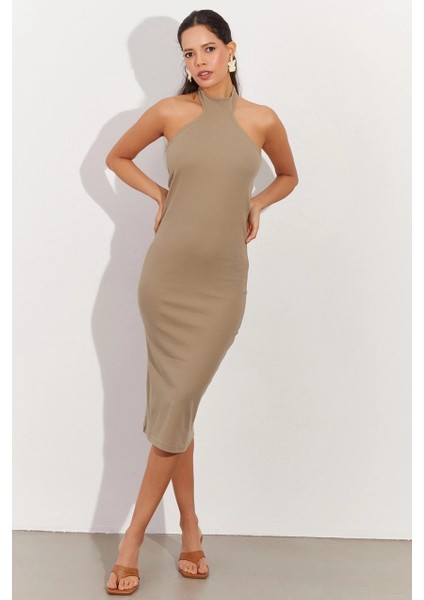 Kadın Haki Sırtı Açık Halter Midi Elbise OW138