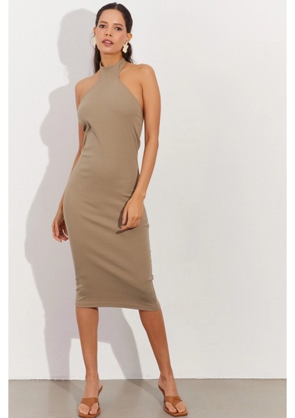Kadın Haki Sırtı Açık Halter Midi Elbise OW138