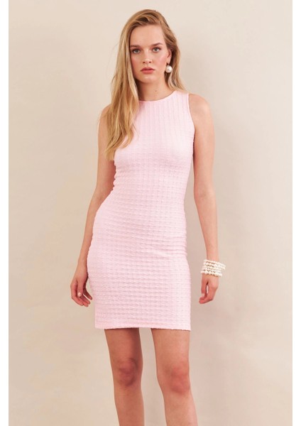 Kadın Pembe Rustik Mini Elbise FLU7310