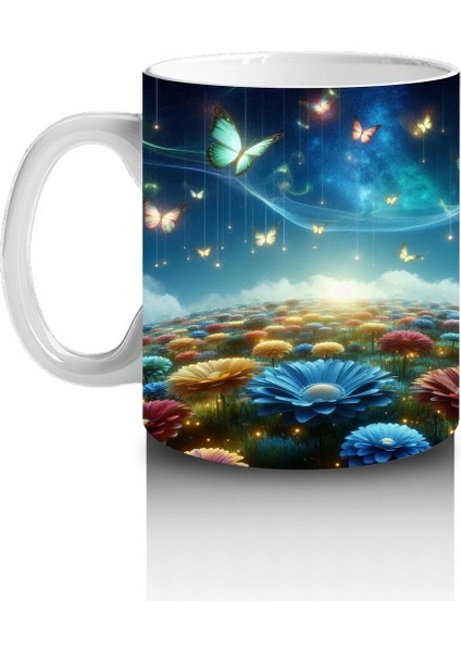 Çocuklara Sütü Sevdiren Işıltılı Kelebekler ve Masal Bahçesi Desenli Kupa Bardak