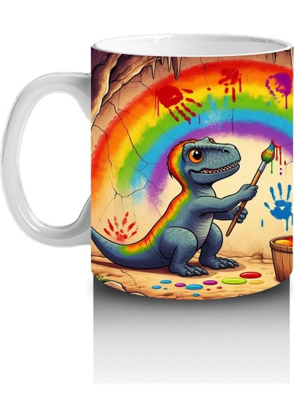 Çocuklara Sütü Sevdiren Gökkuşağı Çizen Sanatçı Dinozor Desenli Kupa Bardak