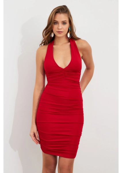 Kadın Kırmızı Büzgülü Mini Elbise DCF033-90 fiyatları