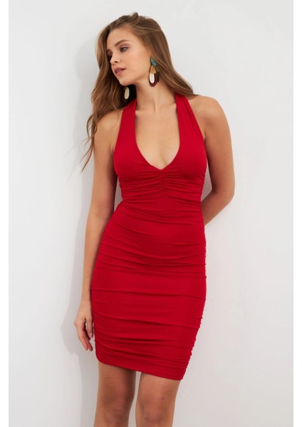 Kadın Kırmızı Büzgülü Mini Elbise DCF033-90 fırsatları