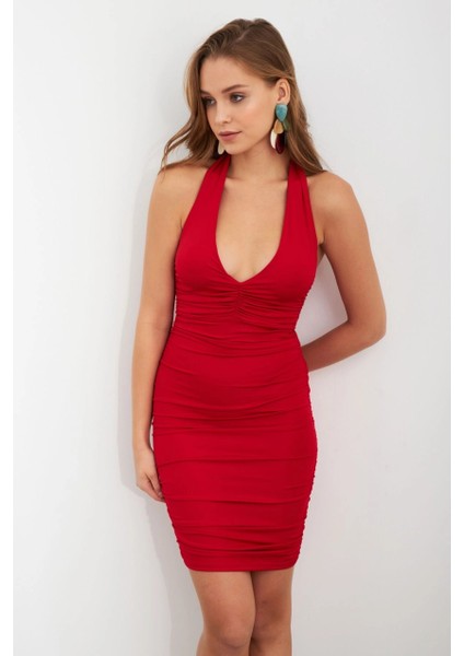 Kadın Kırmızı Büzgülü Mini Elbise DCF033-90 indirimleri
