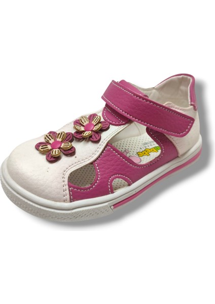 1745-20 Anatomik 3 Çiçekli Tek Cırtlı Kız Çocuk Sandalet Pembe Beyaz 21-25