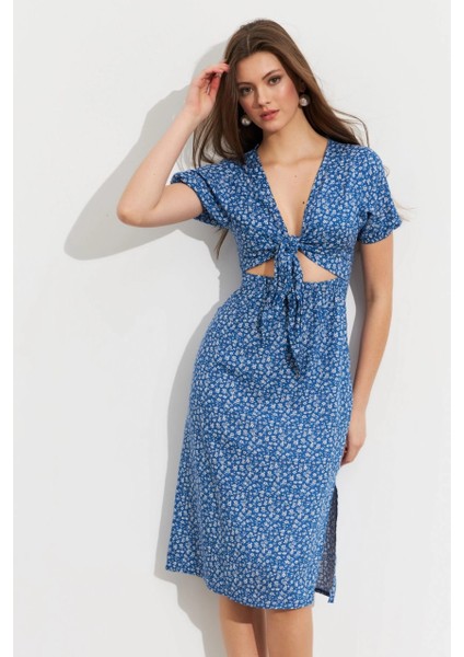 Kadın Mavi Desenli Pencereli Midi Elbise Q1013