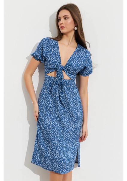 Kadın Mavi Desenli Pencereli Midi Elbise Q1013 fiyatları