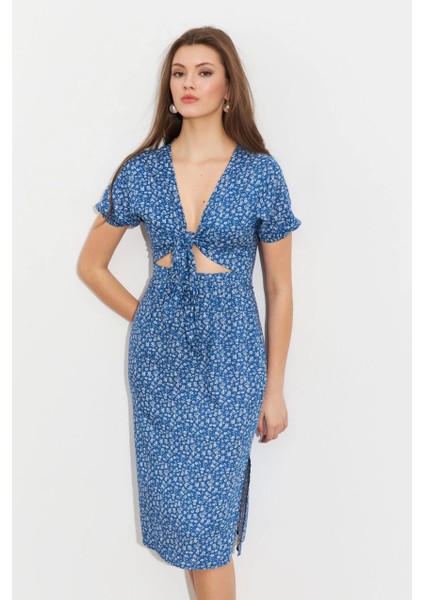 Kadın Mavi Desenli Pencereli Midi Elbise Q1013 modelleri