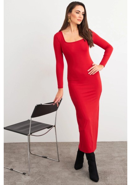 Kadın Kırmızı Kare Yaka Midi Elbise XC8102