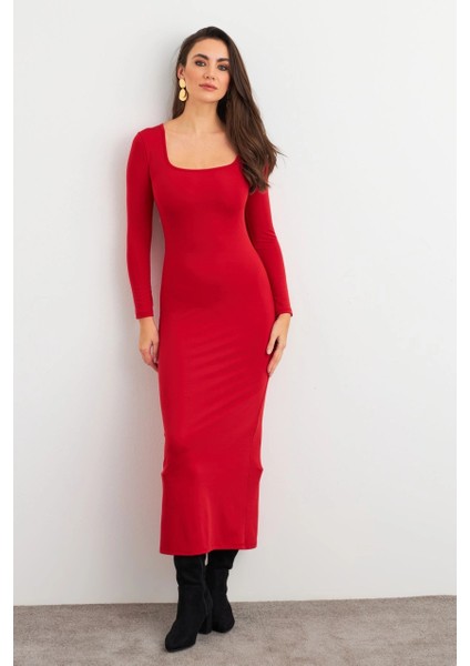 Kadın Kırmızı Kare Yaka Midi Elbise XC8102 fiyatları