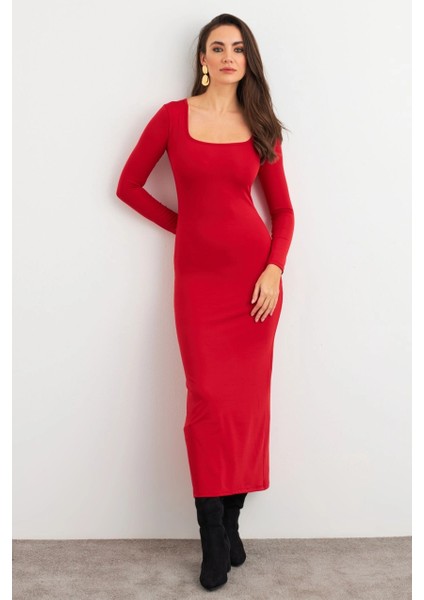 Kadın Kırmızı Kare Yaka Midi Elbise XC8102 modelleri