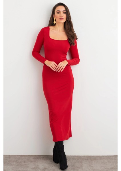 Kadın Kırmızı Kare Yaka Midi Elbise XC8102 fırsatları