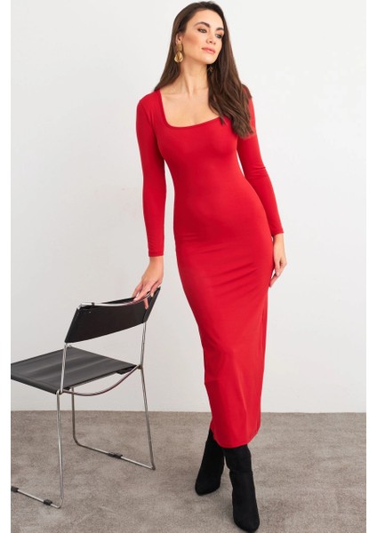 Kadın Kırmızı Kare Yaka Midi Elbise XC8102 indirimleri