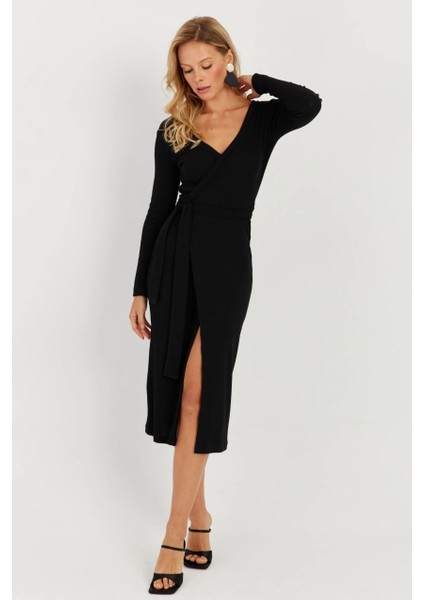 Kadın Siyah Kruvaze Kaşkorse Midi Elbise EY2703