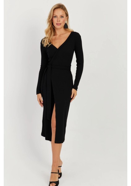 Kadın Siyah Kruvaze Kaşkorse Midi Elbise EY2703 fiyatları