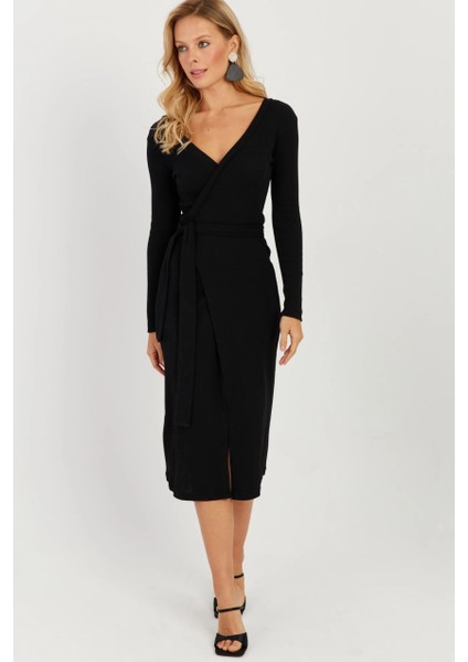Kadın Siyah Kruvaze Kaşkorse Midi Elbise EY2703 modelleri