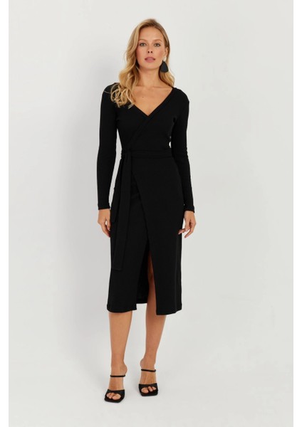 Kadın Siyah Kruvaze Kaşkorse Midi Elbise EY2703 fırsatları