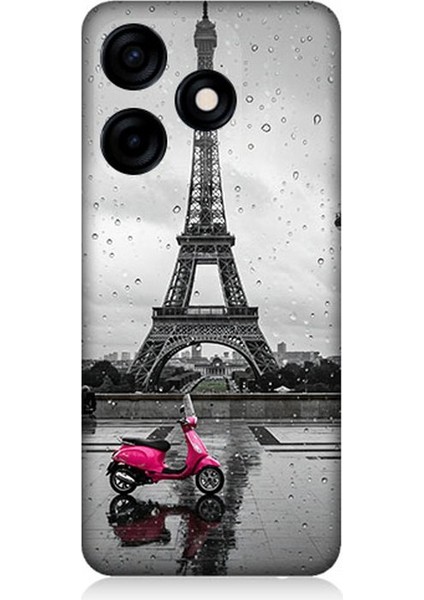 Tecno Spark 10C Uyumlu Yağmurda Eyfel ve Scooter Desenli Silikon Kılıf