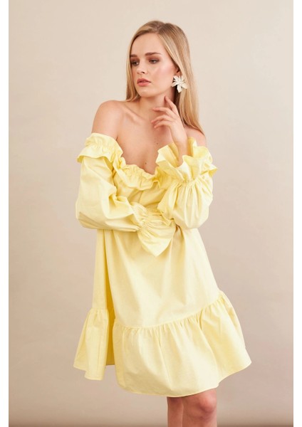 Kadın Sarı Madonna Yaka Midi Elbise PSG1012