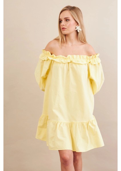 Kadın Sarı Madonna Yaka Midi Elbise PSG1012 modelleri