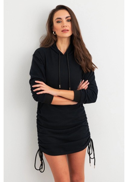 Kadın Siyah Büzgülü Sweat Elbise XC8101