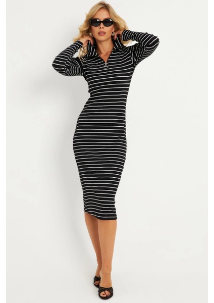Kadın Siyah-Beyaz Çizgili Kaşkorse Midi Elbise YLE43