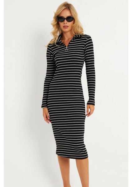 Kadın Siyah-Beyaz Çizgili Kaşkorse Midi Elbise YLE43 fiyatları