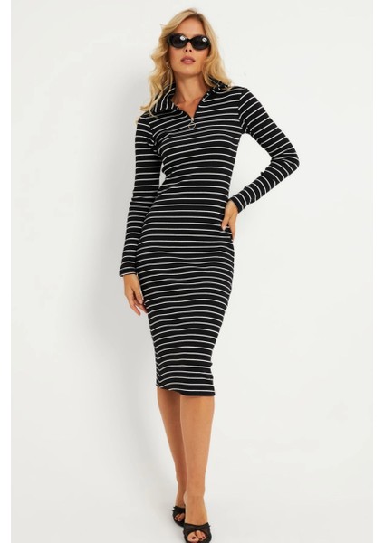 Kadın Siyah-Beyaz Çizgili Kaşkorse Midi Elbise YLE43 modelleri