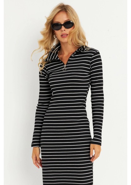 Kadın Siyah-Beyaz Çizgili Kaşkorse Midi Elbise YLE43 fırsatları
