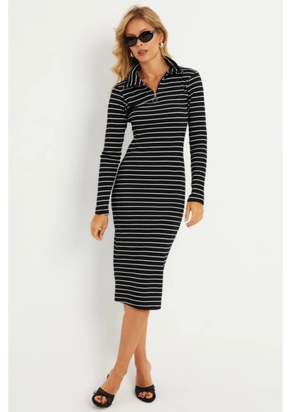 Kadın Siyah-Beyaz Çizgili Kaşkorse Midi Elbise YLE43 indirimleri