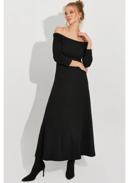 Kadın Siyah Madonna Yaka Midi Elbise BK272076