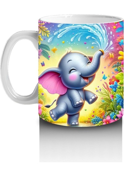 Çocuklara Sütü Sevdiren Çiçekler Arasında Su Sıçratan Neşeli Fil Desenli Kupa Bardak