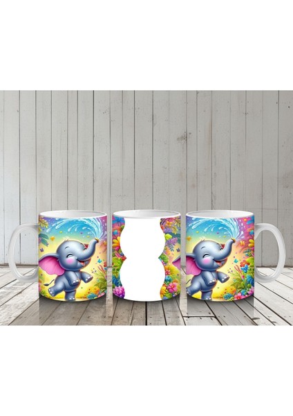 Çocuklara Sütü Sevdiren Çiçekler Arasında Su Sıçratan Neşeli Fil Desenli Kupa Bardak indirimleri