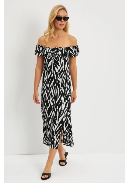 Kadın Siyah Bürümcük Büzgülü Midi Elbise DY105