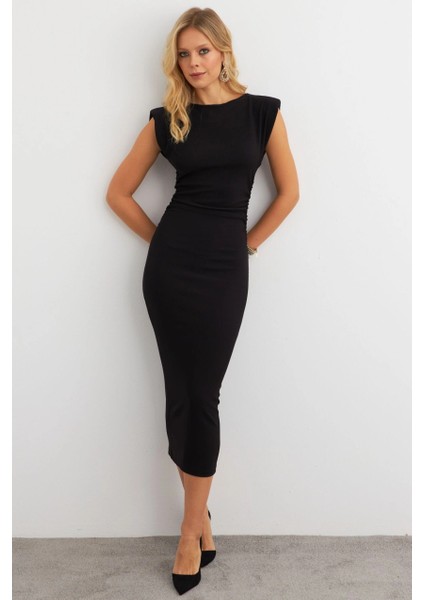 Kadın Siyah Omuzları Vatkalı Drape Maxi Elbise KED4252